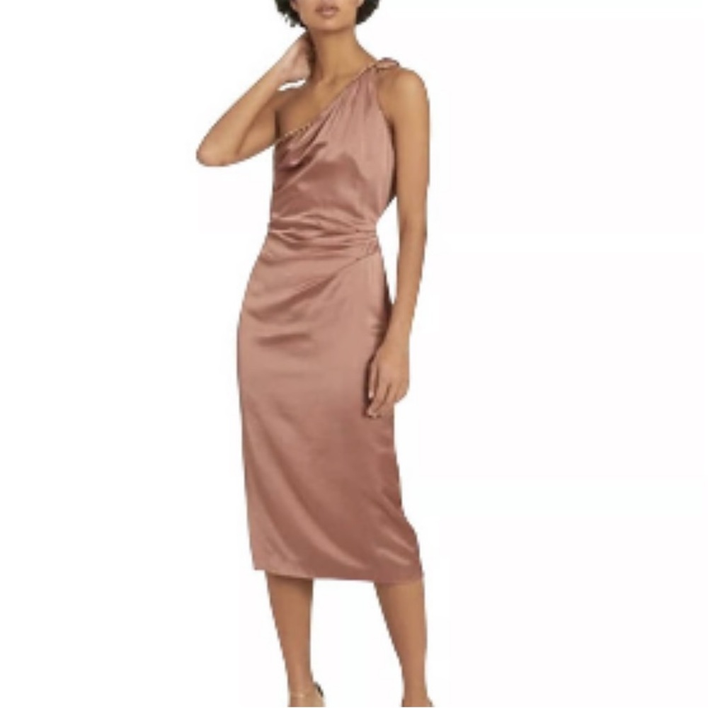 NWT Reiss Brown Adaline One-shoulder Satin Midi sz2